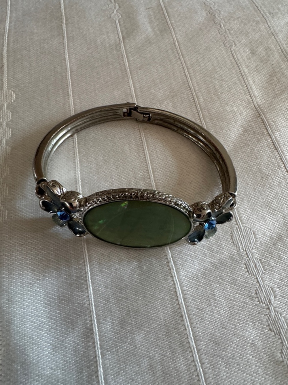 Vintage look Silver Bracelet with opalescent Green Stone and Blue Accents